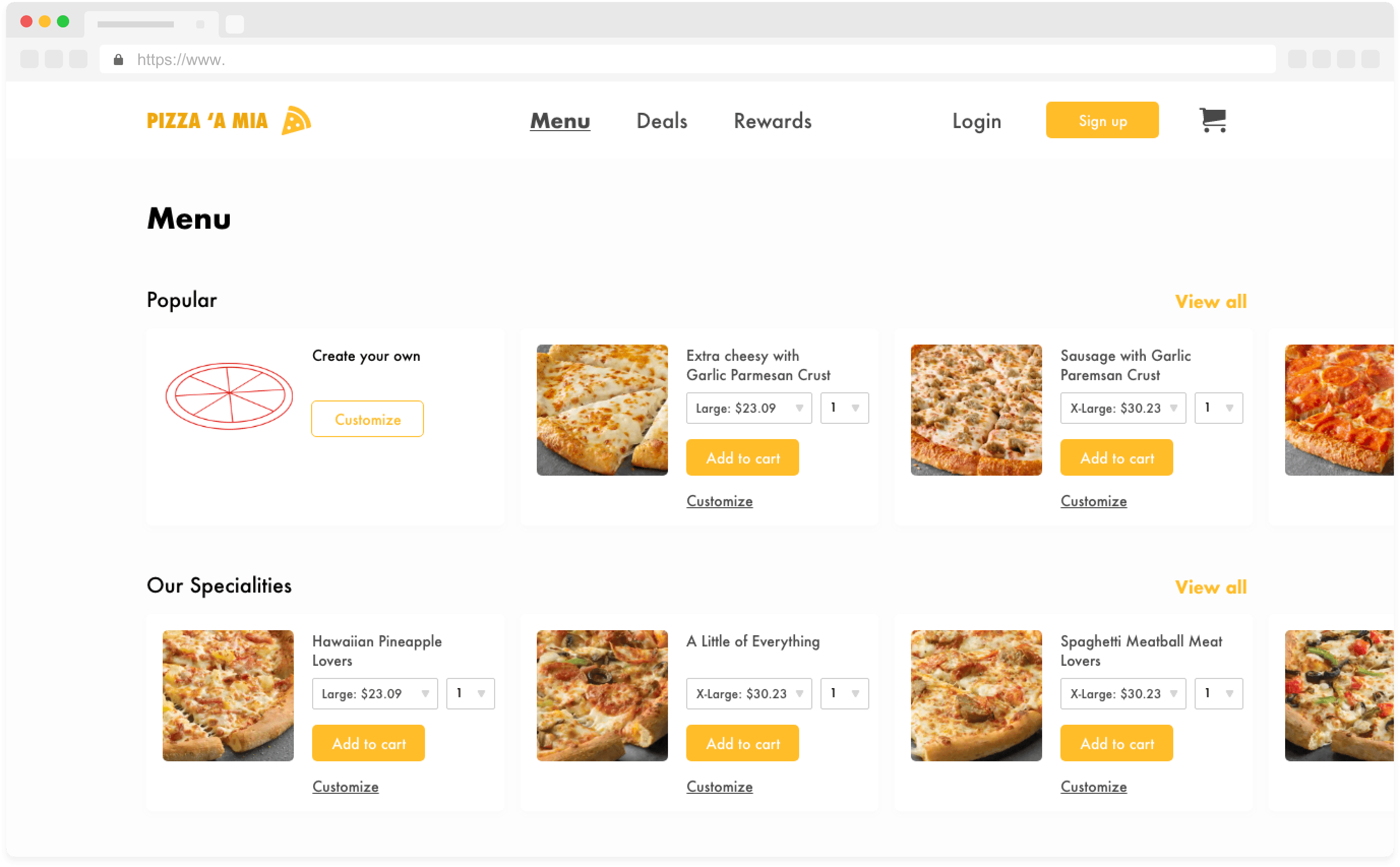 home section of pizza app